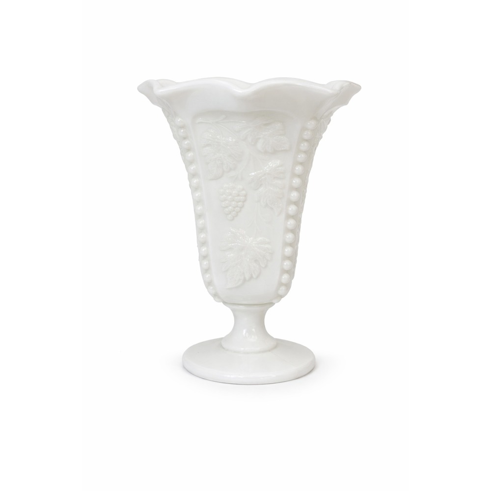 VTG Milk Glass Grape Panel Vase Pedestal Beaded Edge Scalloped Rim Decor USA